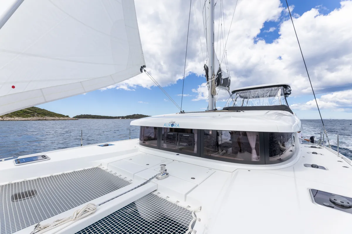Exterior view of Lady Aurora, a Lagoon 42 catamaran at Općina Rogoznica, Croatia