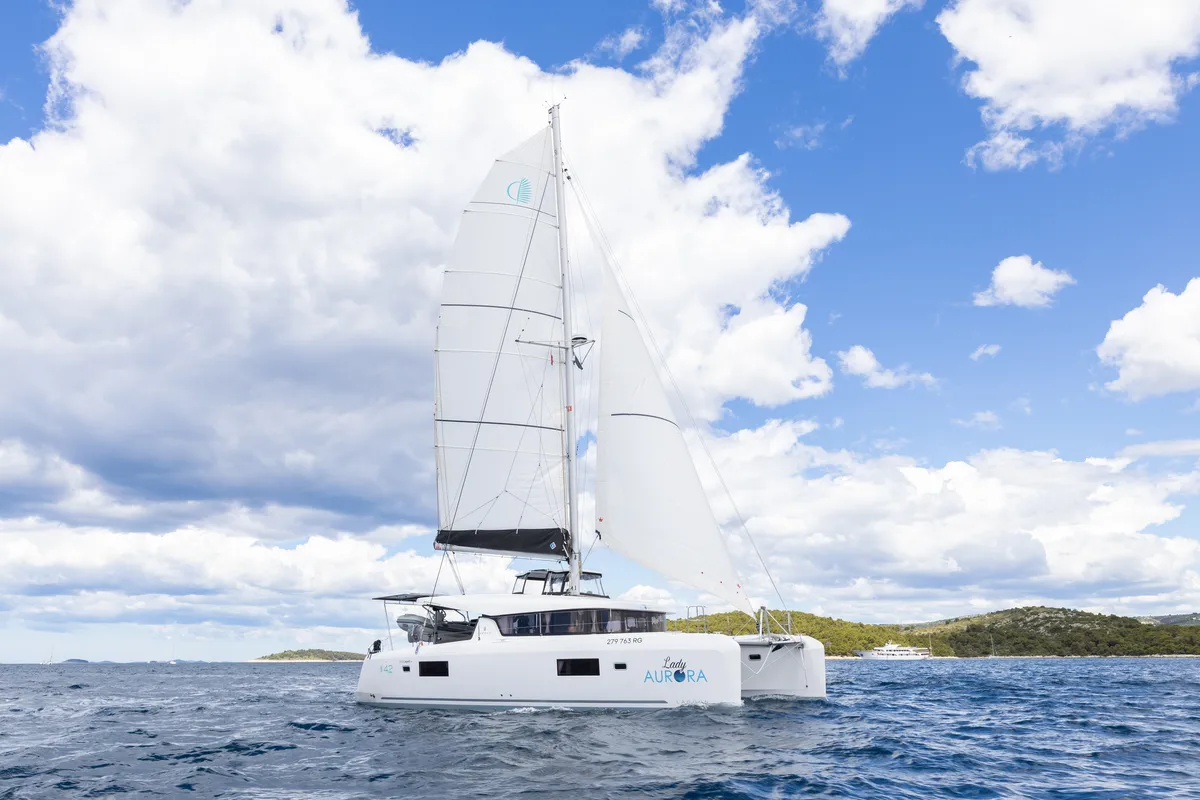 Exterior view of Lady Aurora, a Lagoon 42 catamaran at Općina Rogoznica, Croatia