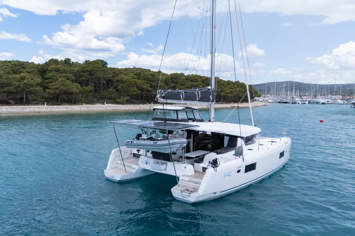 Exterior view of Lady Aurora, a Lagoon 42 catamaran at Općina Rogoznica, Croatia