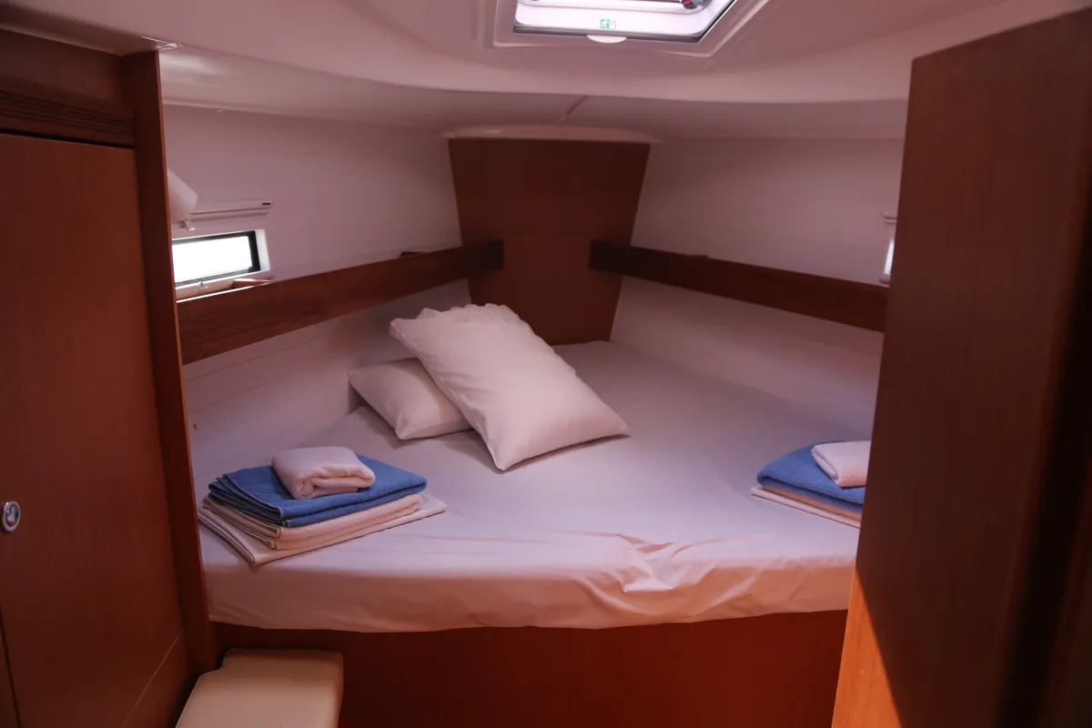 Cabin on Leukothea, a Bavaria Cruiser 36 sailboat at Loutraki, Greece