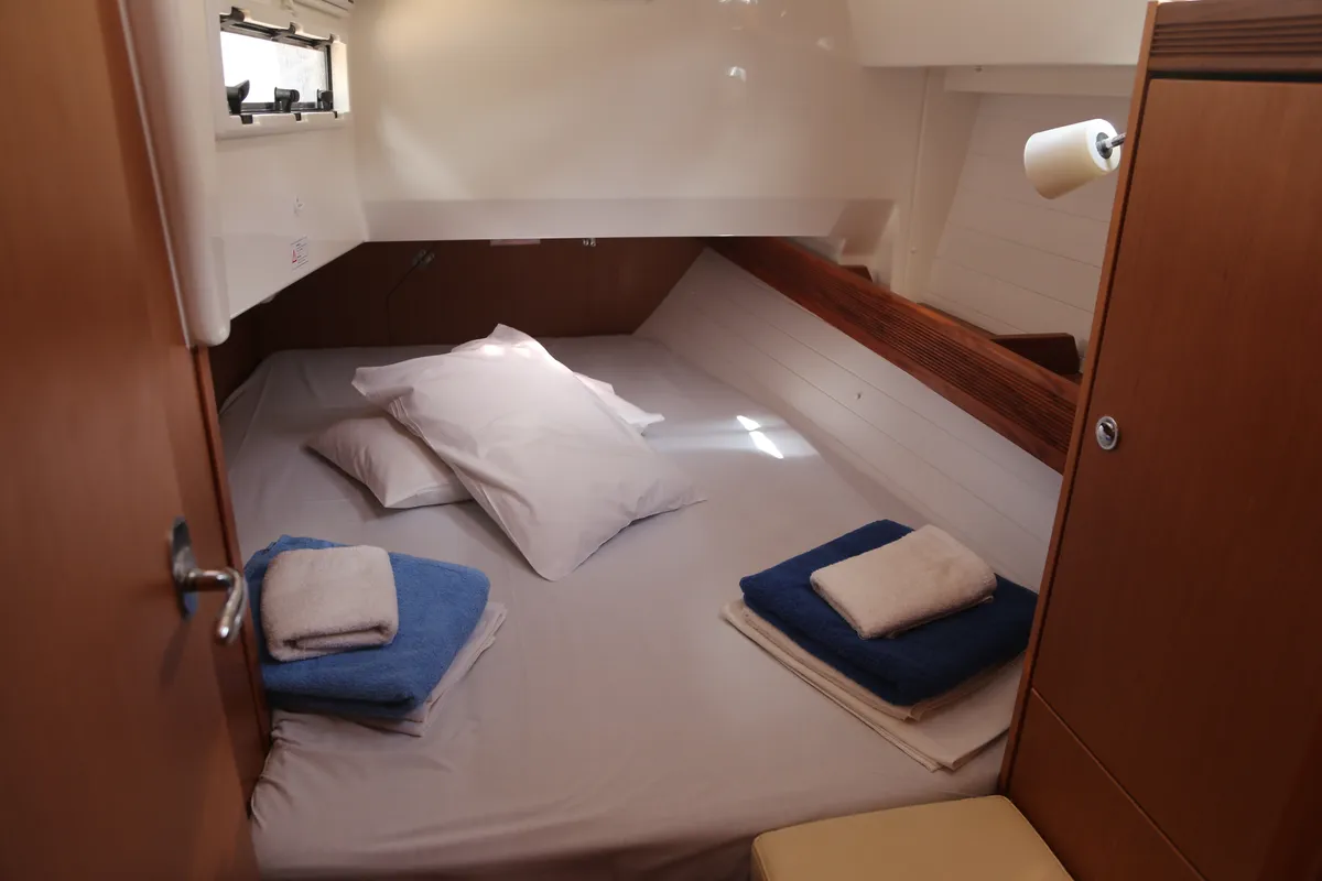 Cabin on Leukothea, a Bavaria Cruiser 36 sailboat at Loutraki, Greece