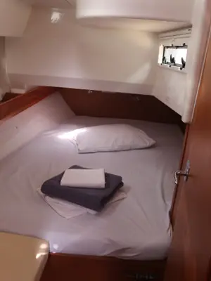 Cabin on Leukothea, a Bavaria Cruiser 36 sailboat at Loutraki, Greece