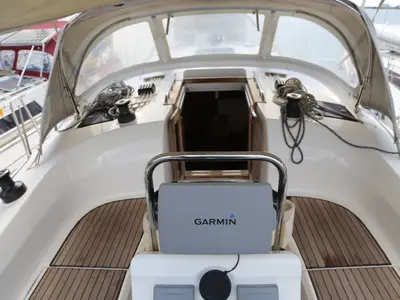 Cockpit of Leukothea, a Bavaria Cruiser 36 sailboat at Loutraki, Greece