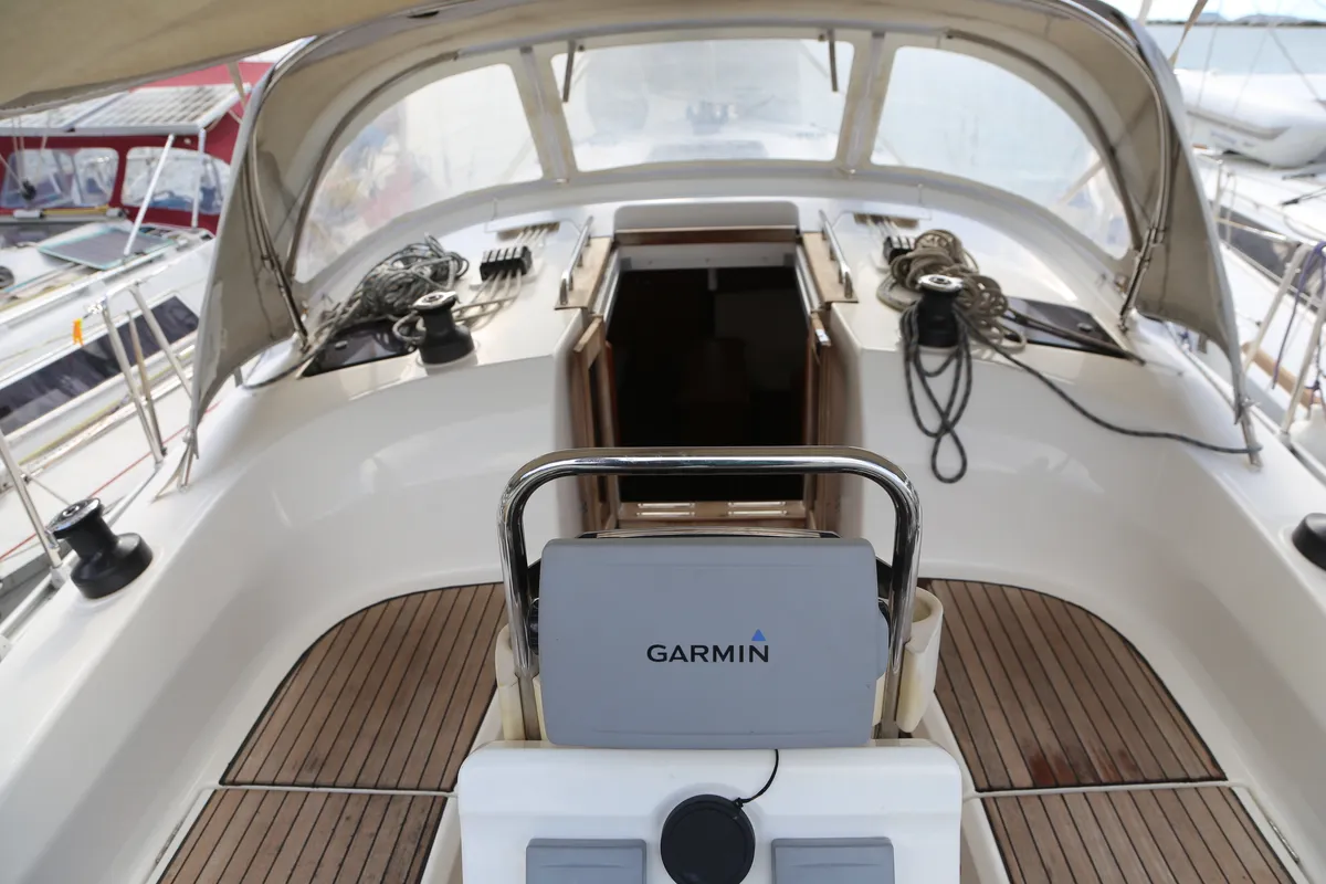 Cockpit of Leukothea, a Bavaria Cruiser 36 sailboat at Loutraki, Greece