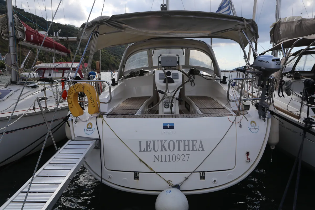 Exterior view of Leukothea, a Bavaria Cruiser 36 sailboat at Loutraki, Greece
