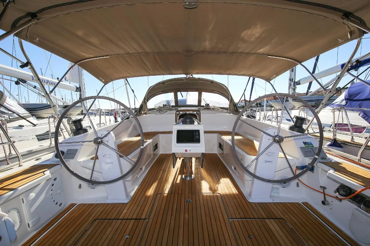 Cockpit of Alexeja, a Bavaria Cruiser 46 sailboat at Grad Pula, Croatia