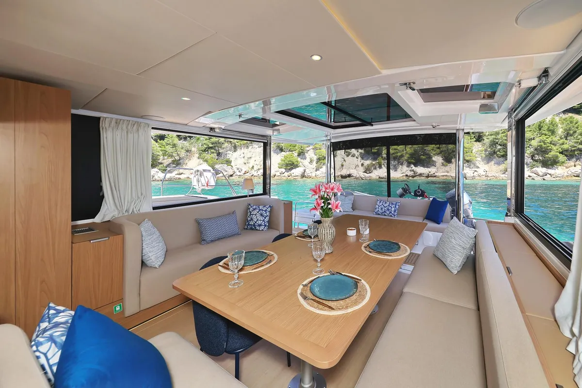 Salon of Voilà, a Bali 5.2 catamaran at Grad Kaštela, Croatia