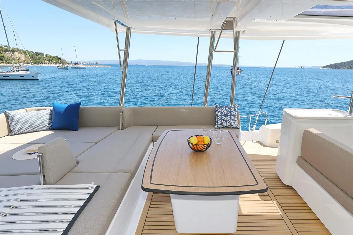 Deck of Voilà, a Bali 5.2 catamaran at Grad Kaštela, Croatia