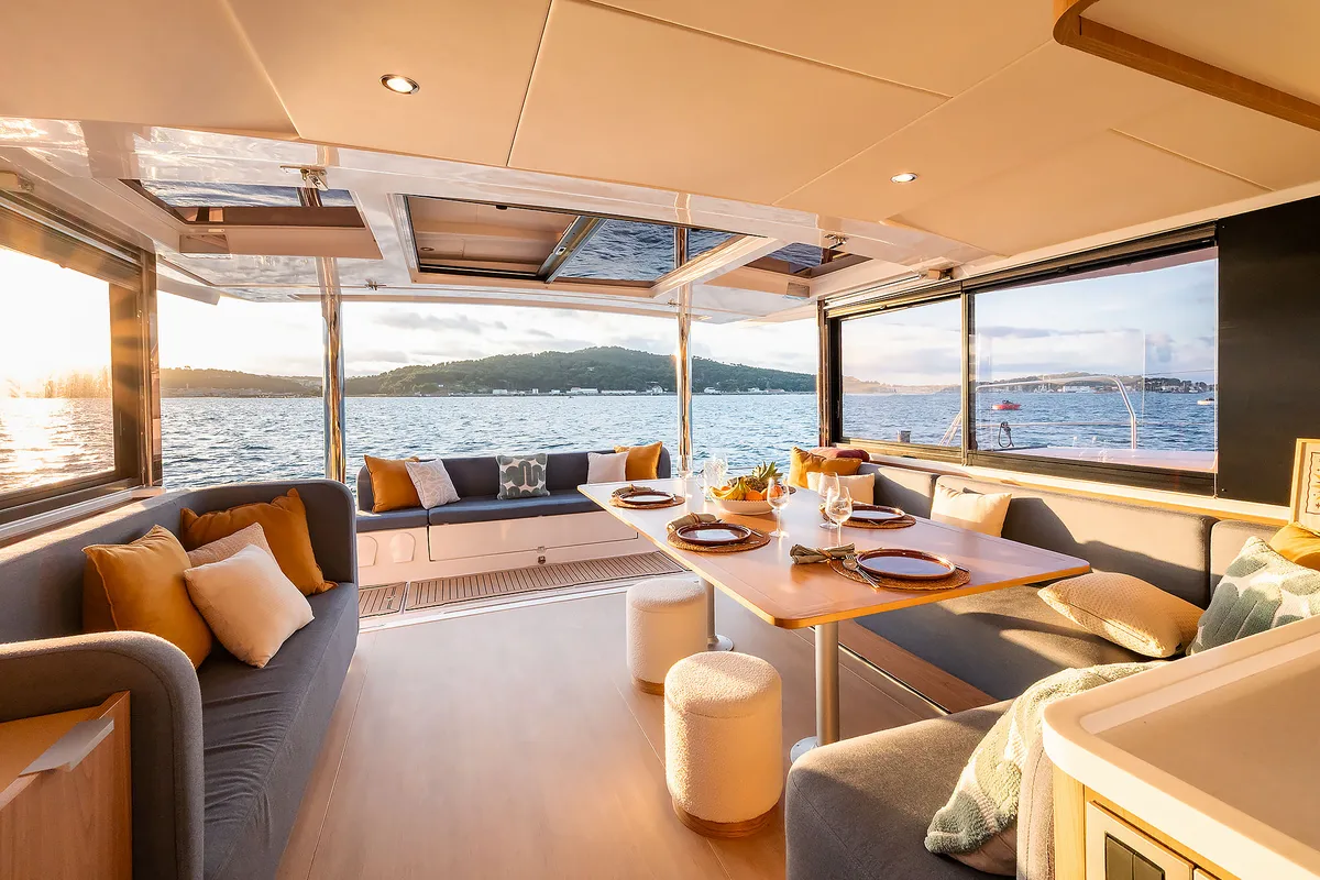 Salon of Voilà, a Bali 5.2 catamaran at Grad Kaštela, Croatia