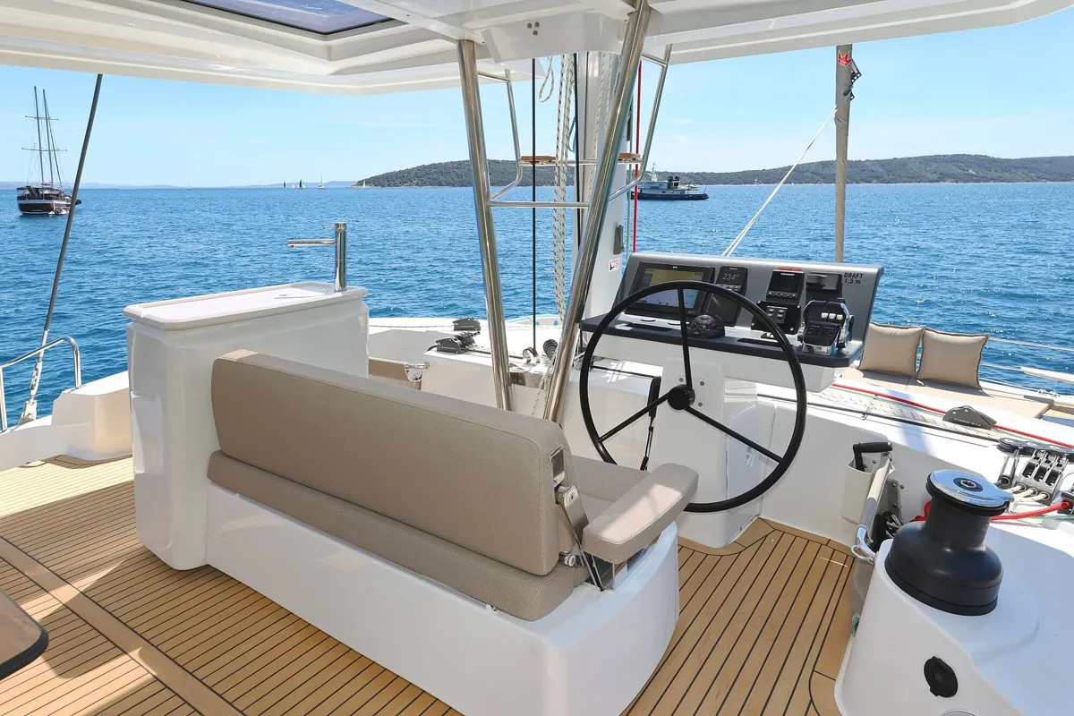 Deck of Voilà, a Bali 5.2 catamaran at Grad Kaštela, Croatia