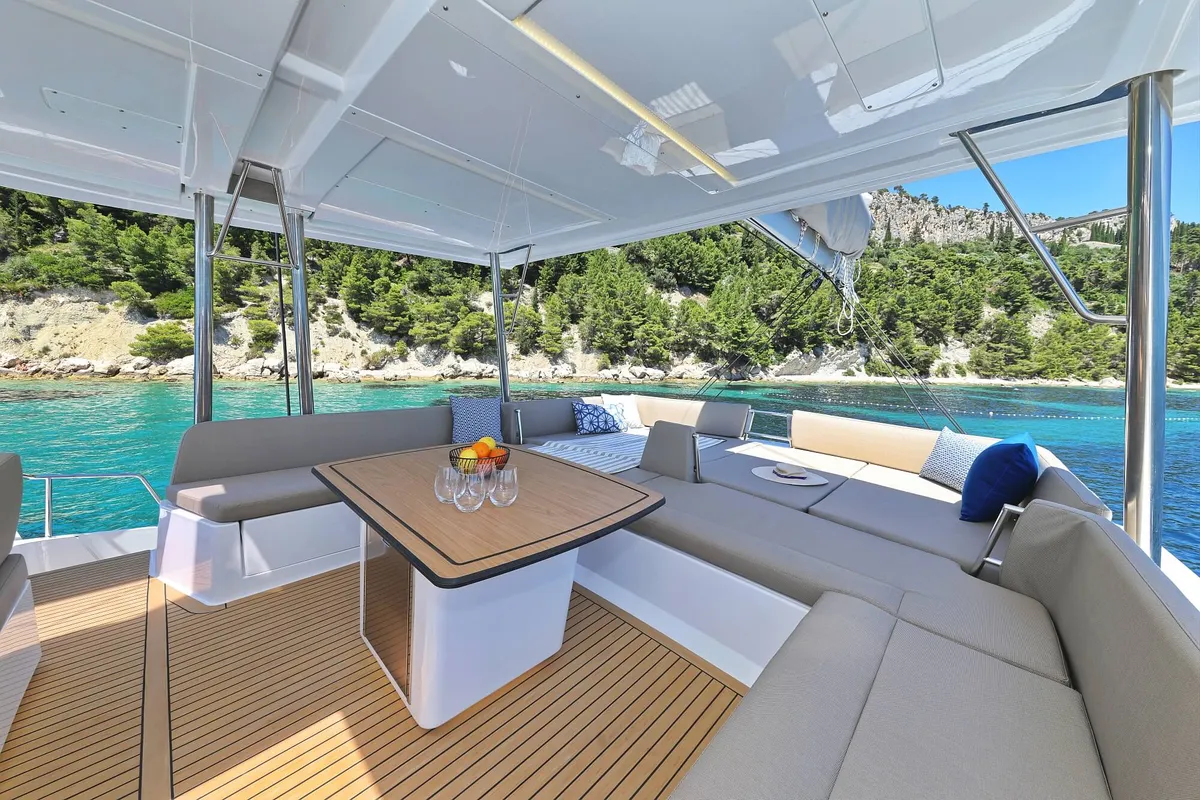 Deck of Voilà, a Bali 5.2 catamaran at Grad Kaštela, Croatia