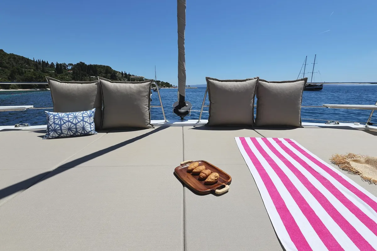 Deck of Voilà, a Bali 5.2 catamaran at Grad Kaštela, Croatia