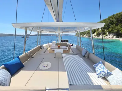 Cockpit of Voilà, a Bali 5.2 catamaran at Grad Kaštela, Croatia
