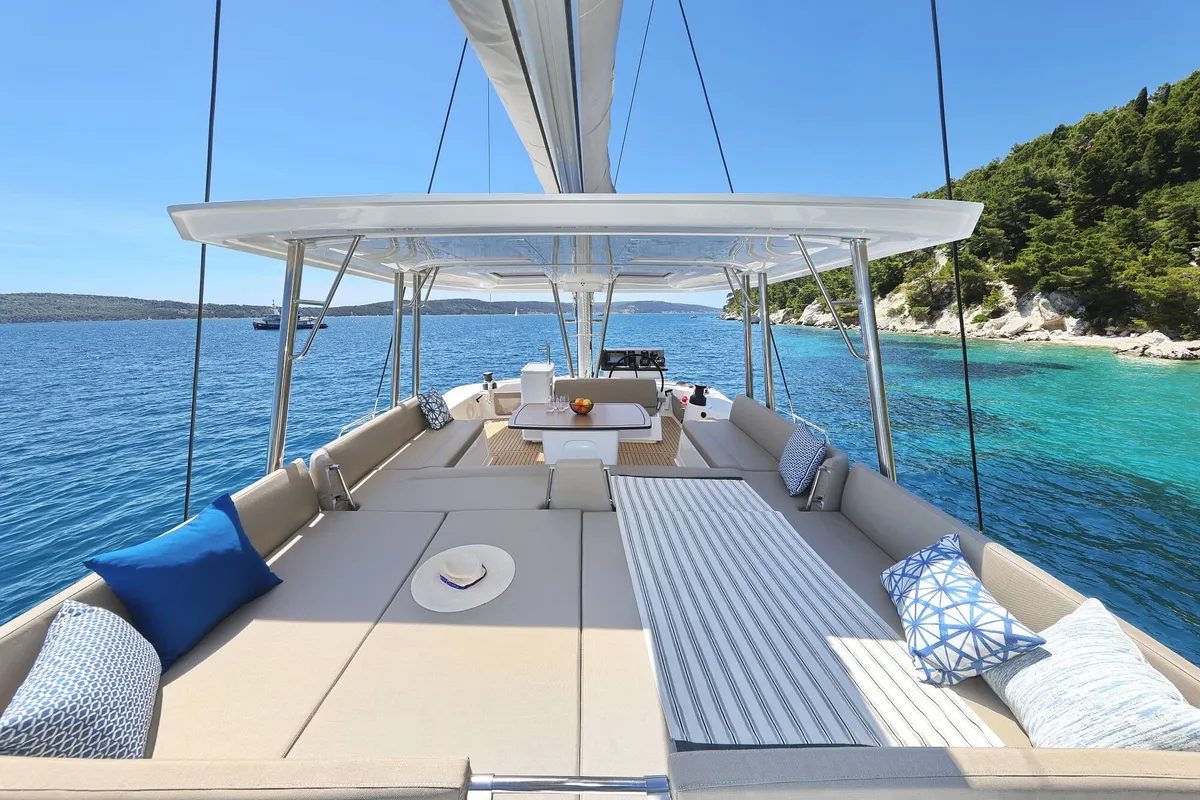 Cockpit of Voilà, a Bali 5.2 catamaran at Grad Kaštela, Croatia