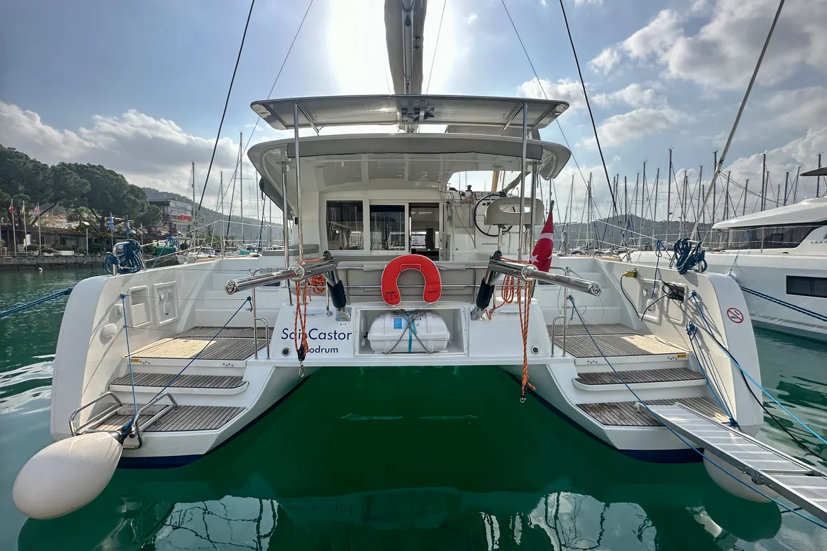 Exterior view of Sail Castor, a Lagoon 40 catamaran at Fethiye, Turkey