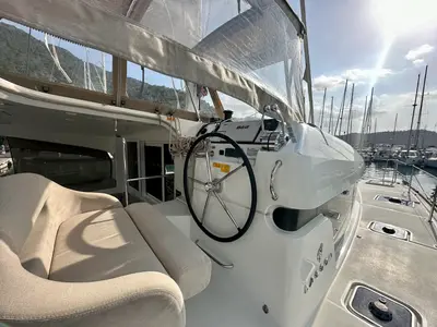 Cockpit of Sail Castor, a Lagoon 40 catamaran at Fethiye, Turkey