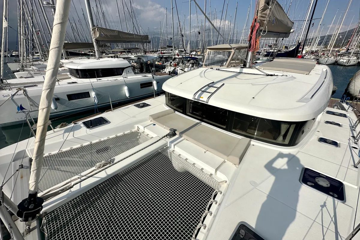 Deck of Sail Castor, a Lagoon 40 catamaran at Fethiye, Turkey