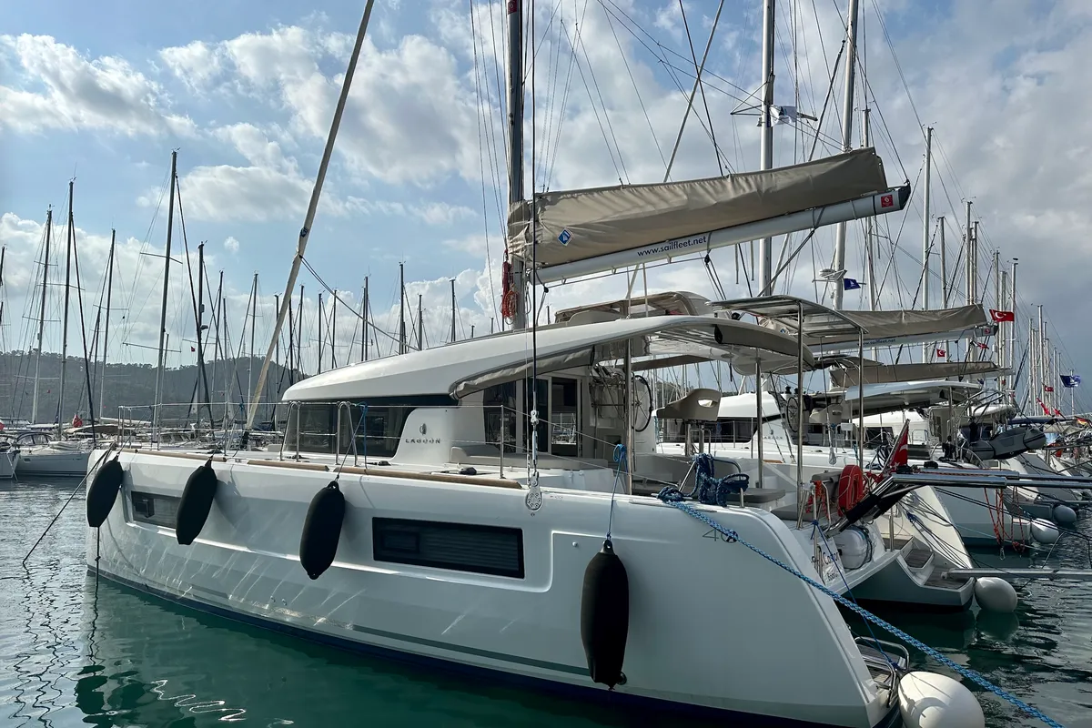 Exterior view of Sail Castor, a Lagoon 40 catamaran at Fethiye, Turkey