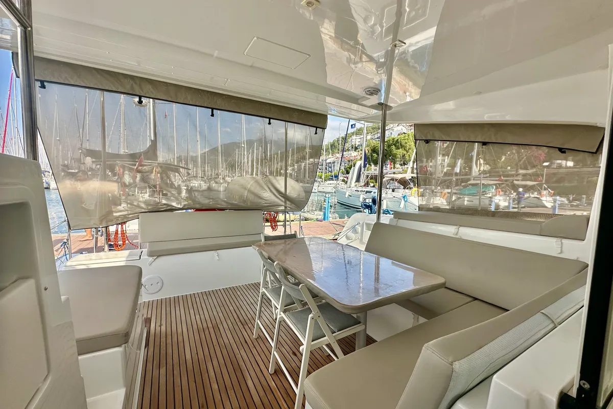 Deck of Sail Castor, a Lagoon 40 catamaran at Fethiye, Turkey