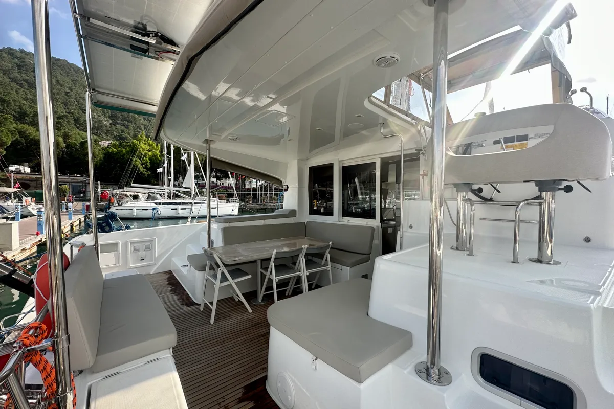 Deck of Sail Castor, a Lagoon 40 catamaran at Fethiye, Turkey