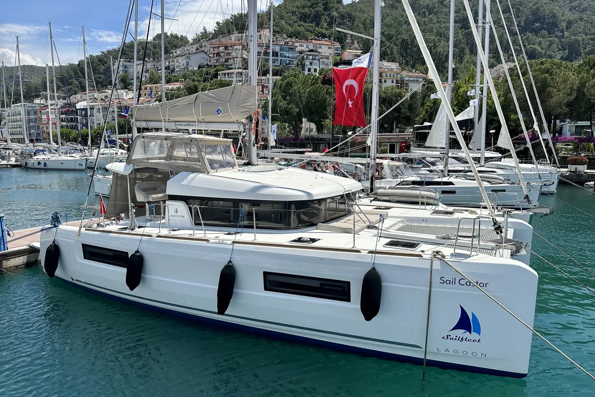 Exterior view of Sail Castor, a Lagoon 40 catamaran at Fethiye, Turkey