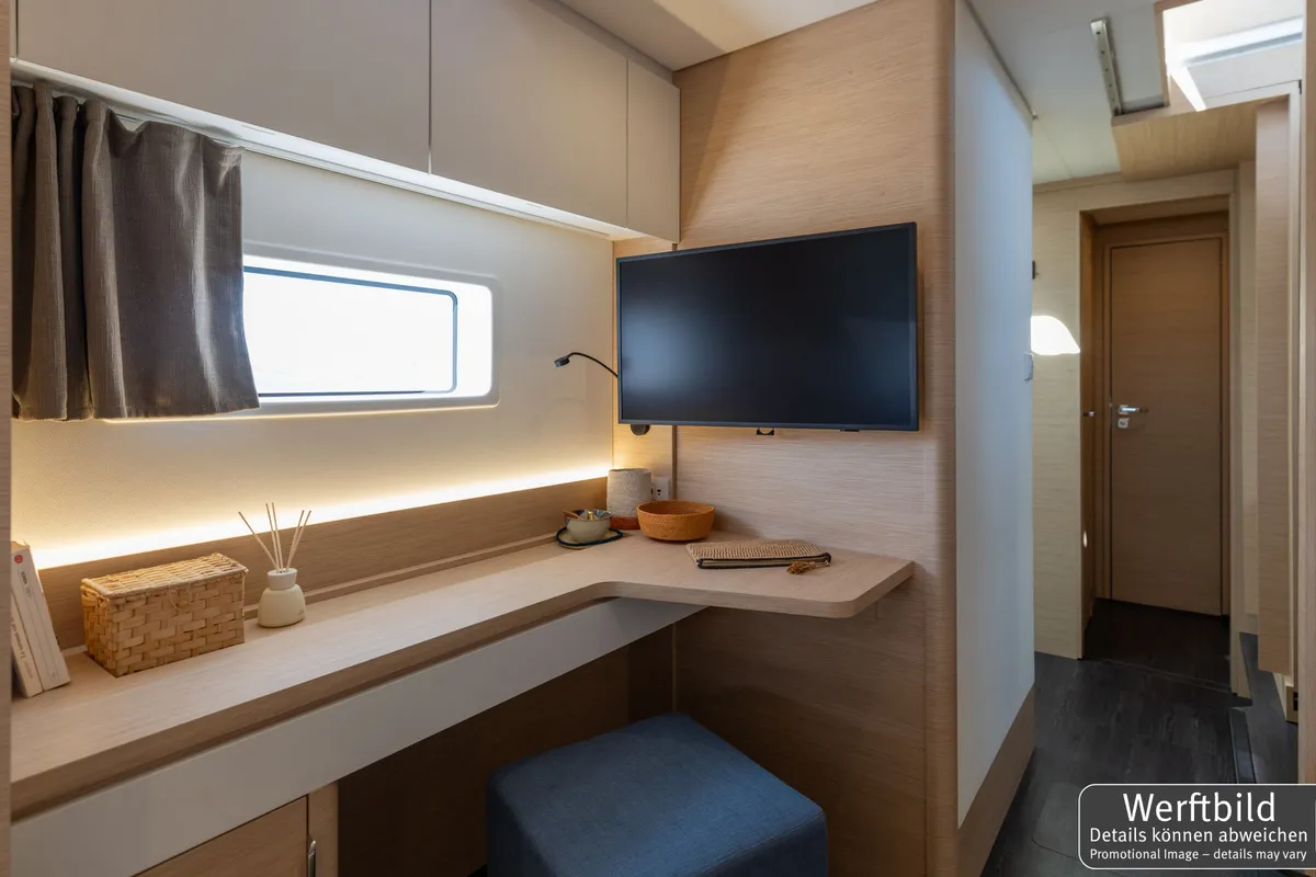 Cabin on Hi Iaka, a Fountaine Pajot FP 44 Maestro catamaran at Palma de Mallorca, Spain