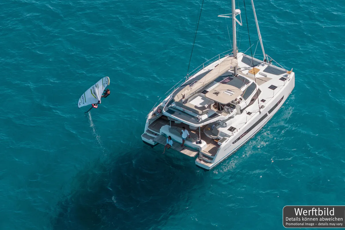 Exterior view of Hi Iaka, a Fountaine Pajot FP 44 Maestro catamaran at Palma de Mallorca, Spain