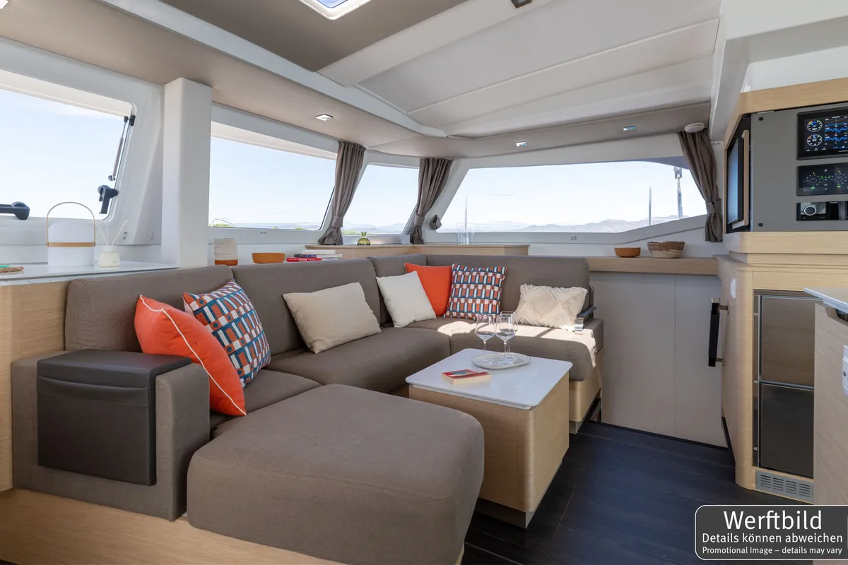 Salon of Hi Iaka, a Fountaine Pajot FP 44 Maestro catamaran at Palma de Mallorca, Spain
