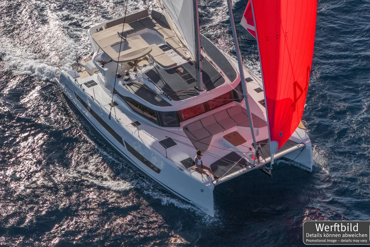Exterior view of Hi Iaka, a Fountaine Pajot FP 44 Maestro catamaran at Palma de Mallorca, Spain