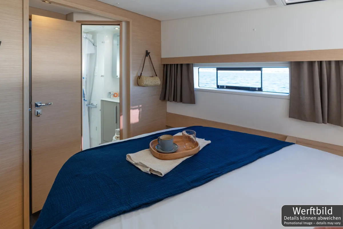 Cabin on Hi Iaka, a Fountaine Pajot FP 44 Maestro catamaran at Palma de Mallorca, Spain