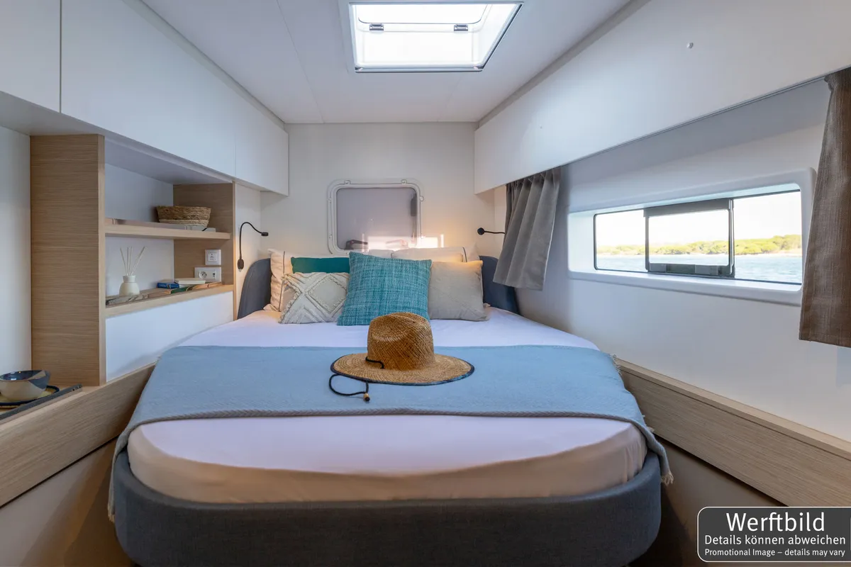 Cabin on Hi Iaka, a Fountaine Pajot FP 44 Maestro catamaran at Palma de Mallorca, Spain