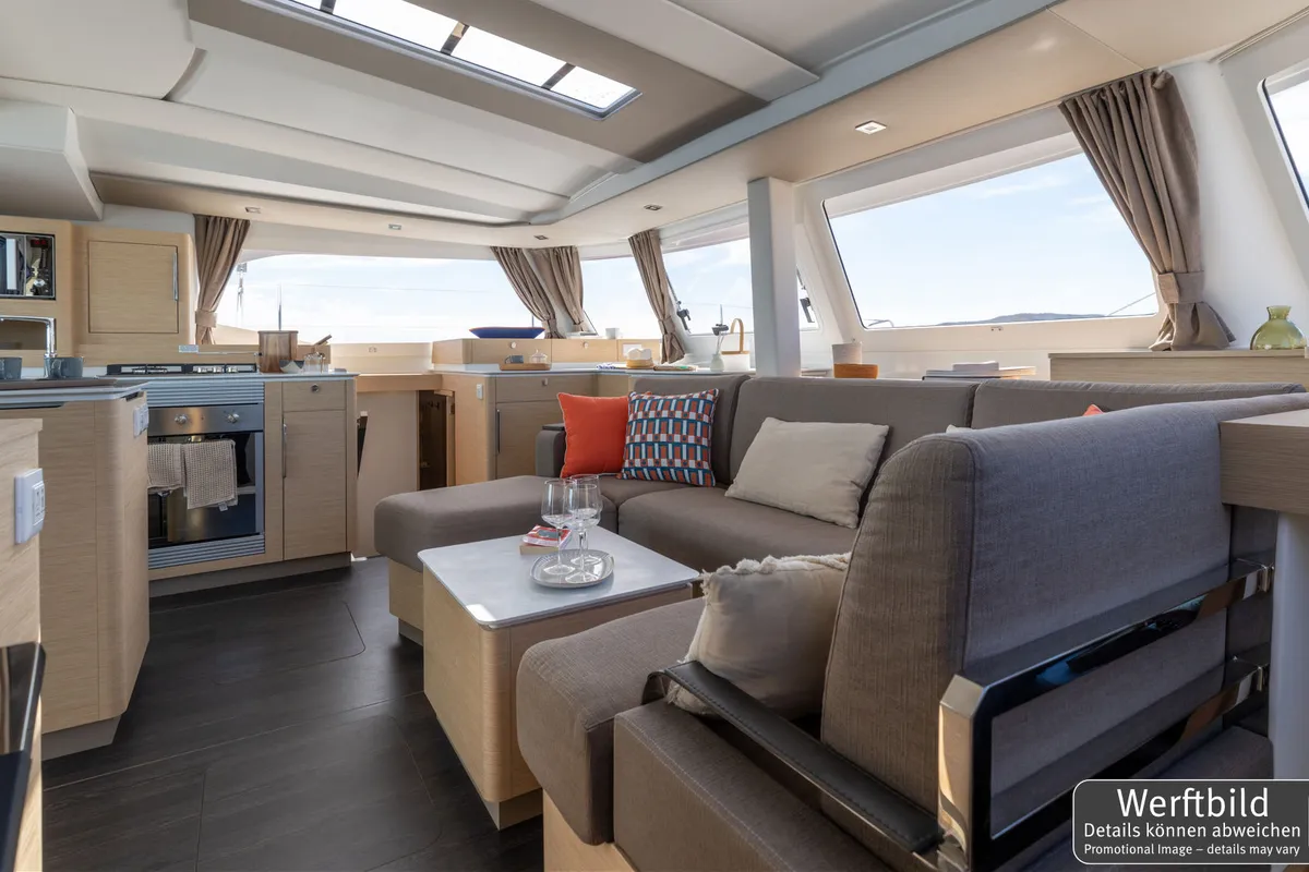Salon of Hi Iaka, a Fountaine Pajot FP 44 Maestro catamaran at Palma de Mallorca, Spain
