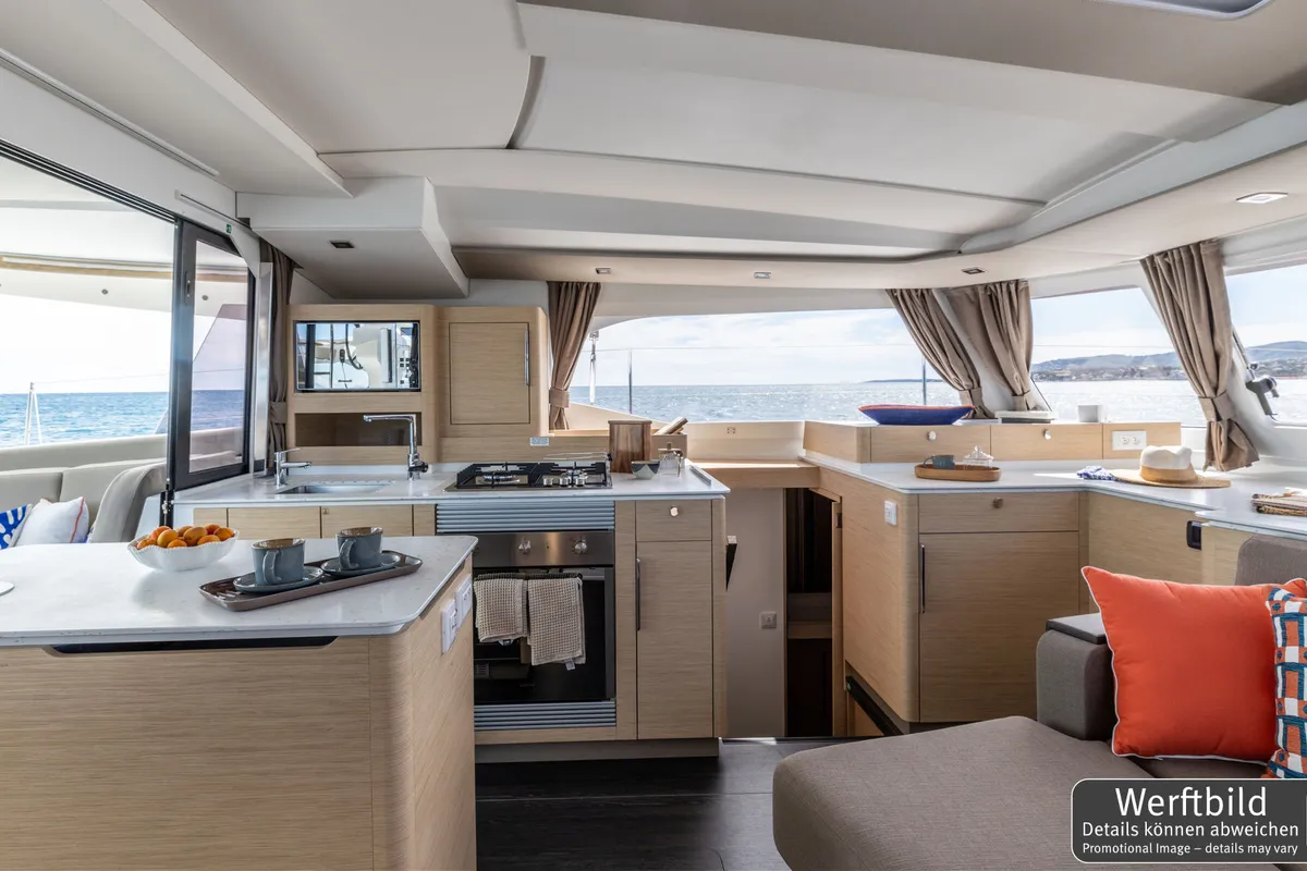 Galley of Hi Iaka, a Fountaine Pajot FP 44 Maestro catamaran at Palma de Mallorca, Spain