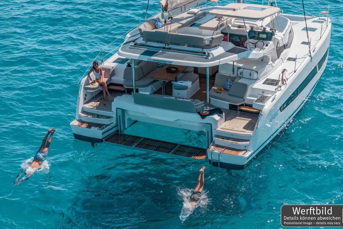 Exterior view of Hi Iaka, a Fountaine Pajot FP 44 Maestro catamaran at Palma de Mallorca, Spain