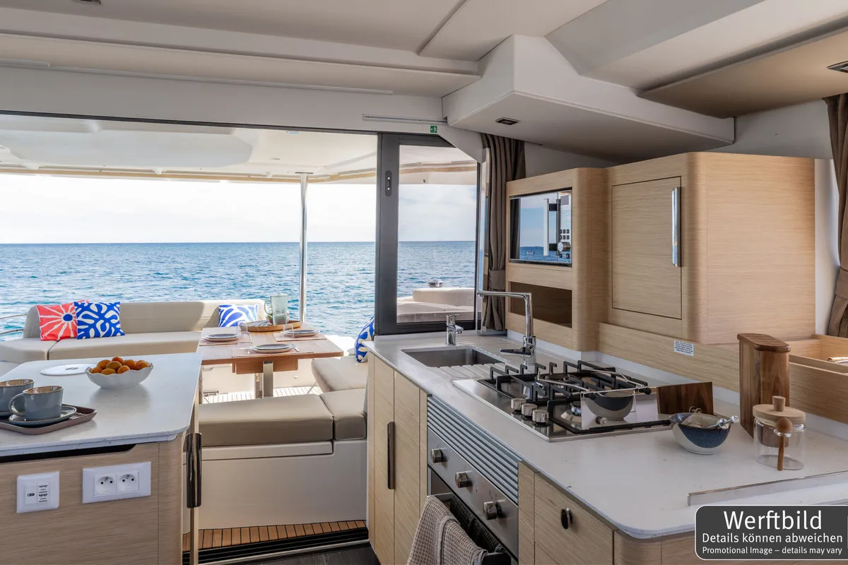 Galley of Hi Iaka, a Fountaine Pajot FP 44 Maestro catamaran at Palma de Mallorca, Spain
