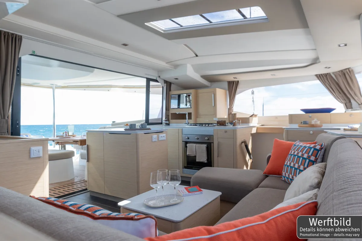 Salon of Hi Iaka, a Fountaine Pajot FP 44 Maestro catamaran at Palma de Mallorca, Spain