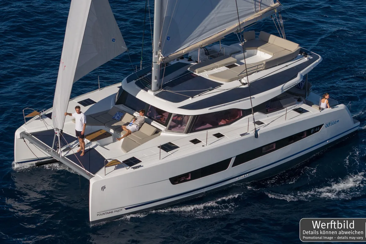 Exterior view of Hi Iaka, a Fountaine Pajot FP 44 Maestro catamaran at Palma de Mallorca, Spain