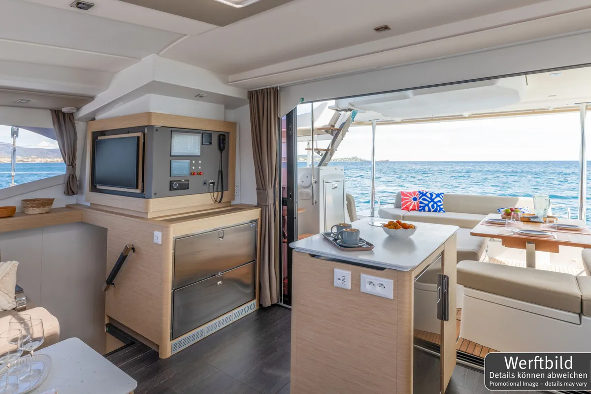 Galley of Hi Iaka, a Fountaine Pajot FP 44 Maestro catamaran at Palma de Mallorca, Spain