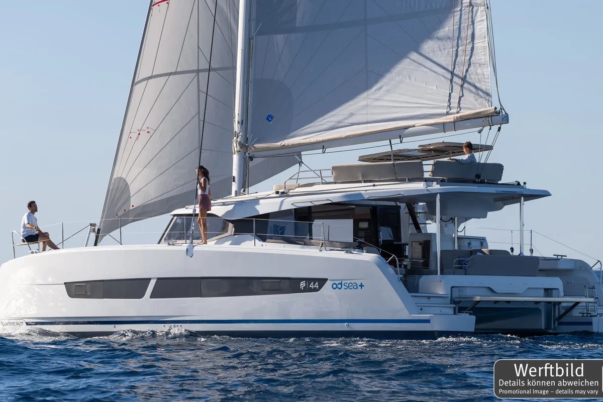 Exterior view of Hi Iaka, a Fountaine Pajot FP 44 Maestro catamaran at Palma de Mallorca, Spain