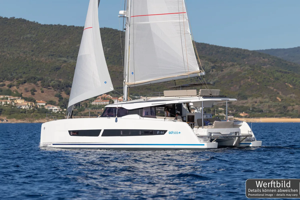 Exterior view of Hi Iaka, a Fountaine Pajot FP 44 Maestro catamaran at Palma de Mallorca, Spain