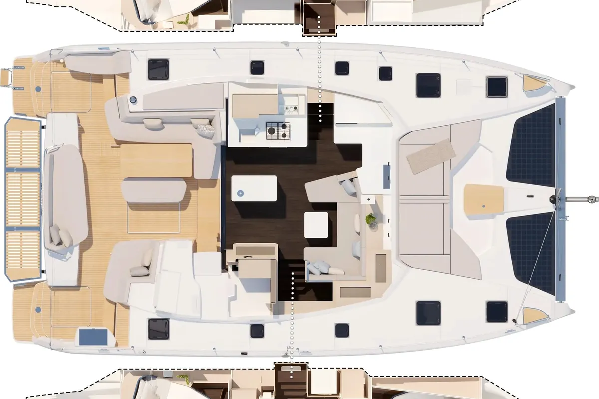 Exterior view of Hi Iaka, a Fountaine Pajot FP 44 Maestro catamaran at Palma de Mallorca, Spain