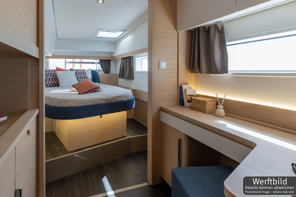 Exterior view of Hi Iaka, a Fountaine Pajot FP 44 Maestro catamaran at Palma de Mallorca, Spain