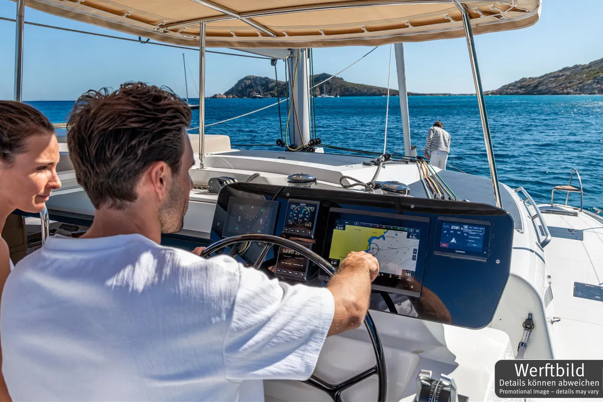 Exterior view of Hi Iaka, a Fountaine Pajot FP 44 Maestro catamaran at Palma de Mallorca, Spain