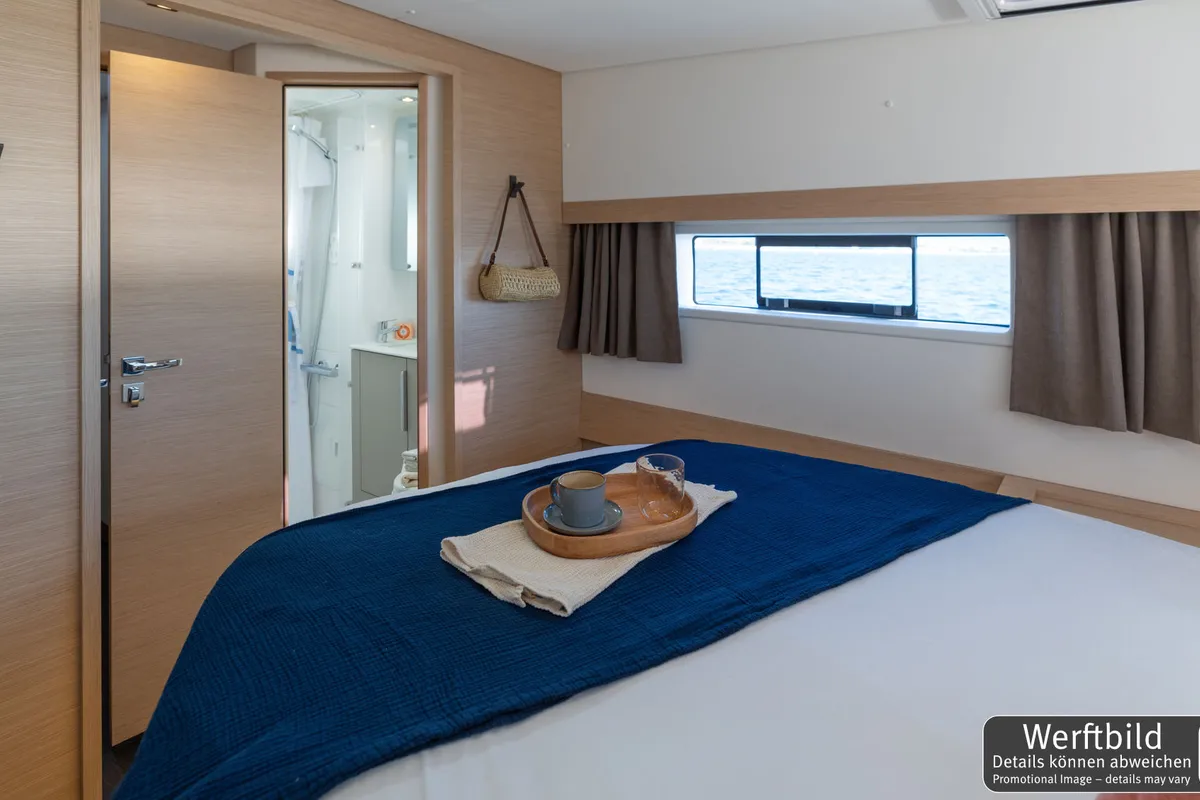 Exterior view of Hi Iaka, a Fountaine Pajot FP 44 Maestro catamaran at Palma de Mallorca, Spain