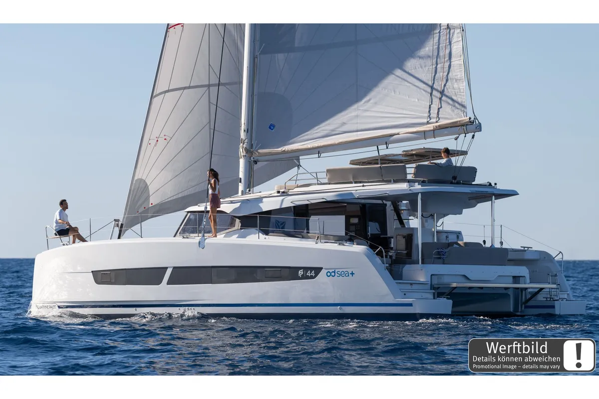 Deck of Hi Iaka, a Fountaine Pajot FP 44 Maestro catamaran at Palma de Mallorca, Spain