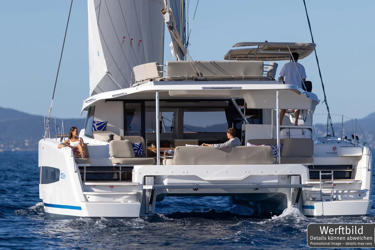 Salon of Hi Iaka, a Fountaine Pajot FP 44 Maestro catamaran at Palma de Mallorca, Spain