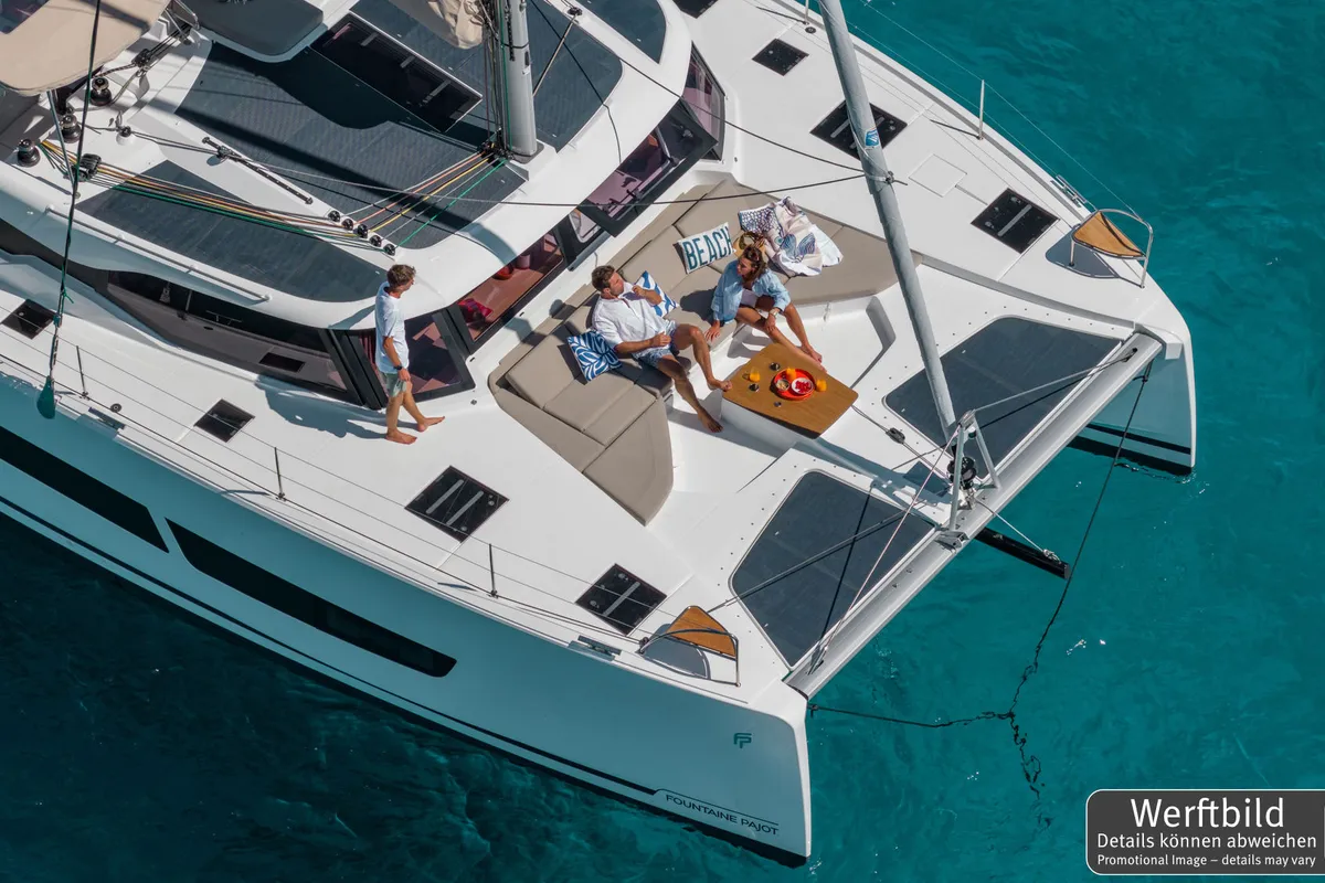 Cabin on Hi Iaka, a Fountaine Pajot FP 44 Maestro catamaran at Palma de Mallorca, Spain