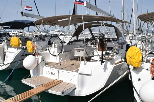 Cockpit of 4Fun, a Jeanneau Sun Odyssey 519 sailboat at Kaštela, Croatia
