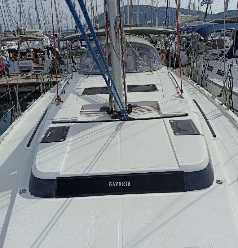Deck of Nutmeg, a Bavaria C45 sailboat at Lefkada, Greece