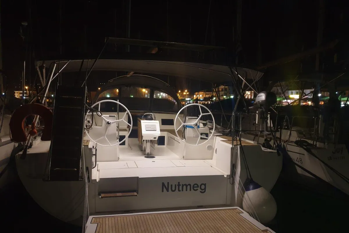 Exterior view of Nutmeg, a Bavaria C45 sailboat at Lefkada, Greece